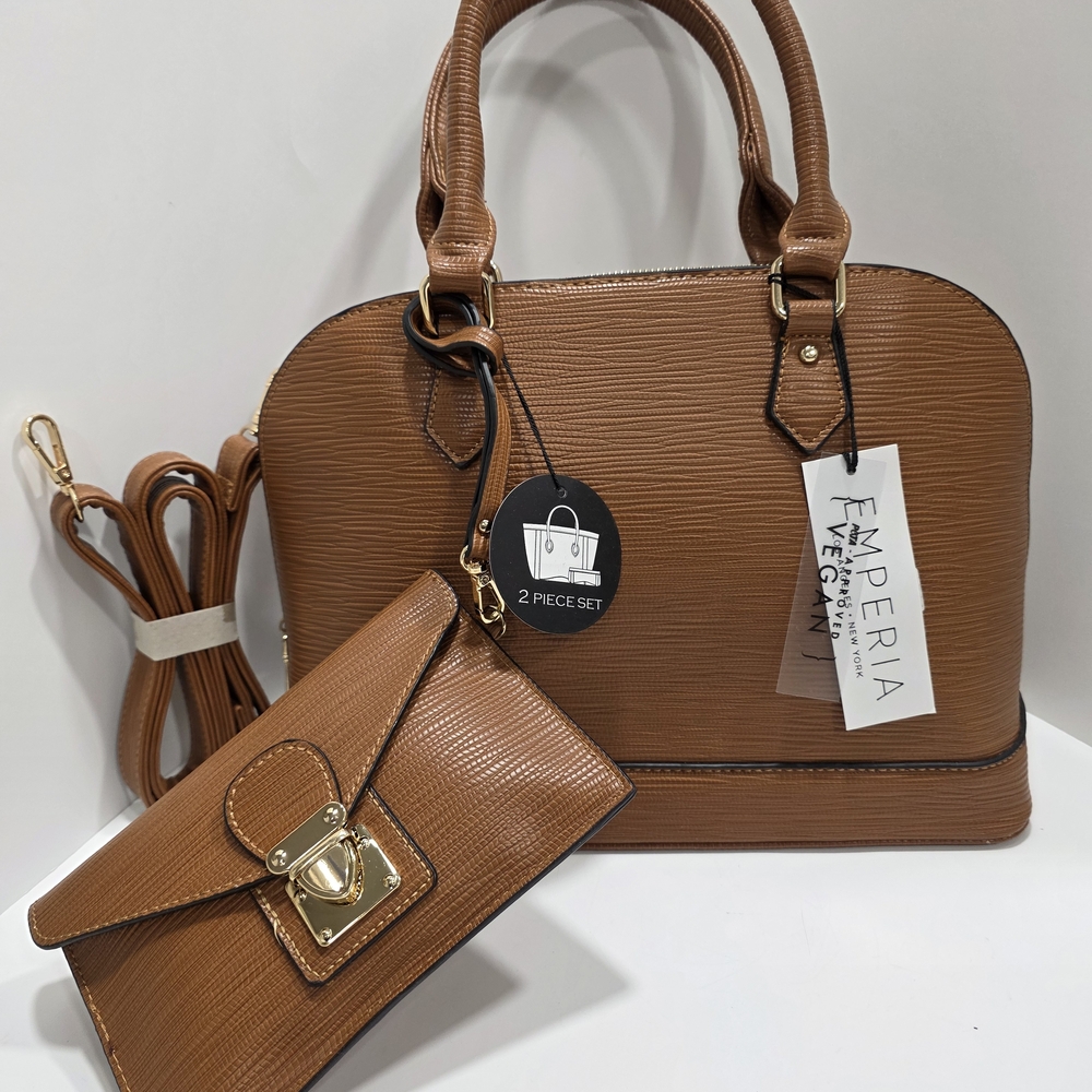 Textured Vegan Leather Rich Cognac Satchel and Wallet Set
